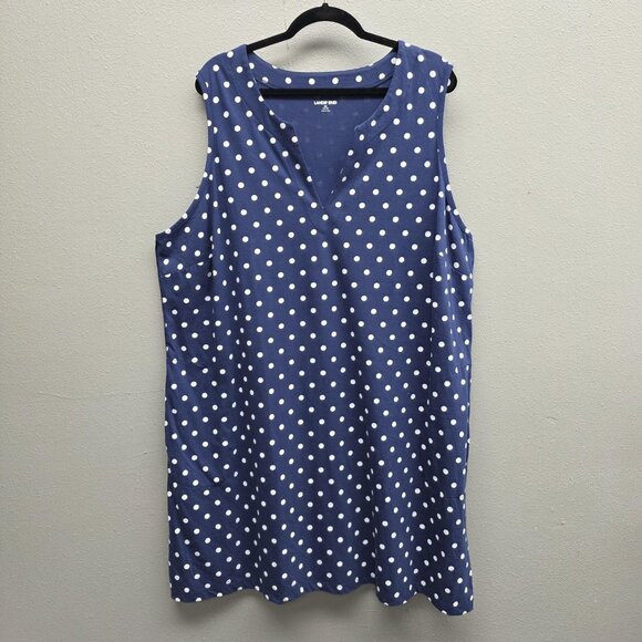 Lands' End Dress Womens 3X Blue White Polka Dot Sleeveless V Neck Cotton Pockets - Picture 1 of 11